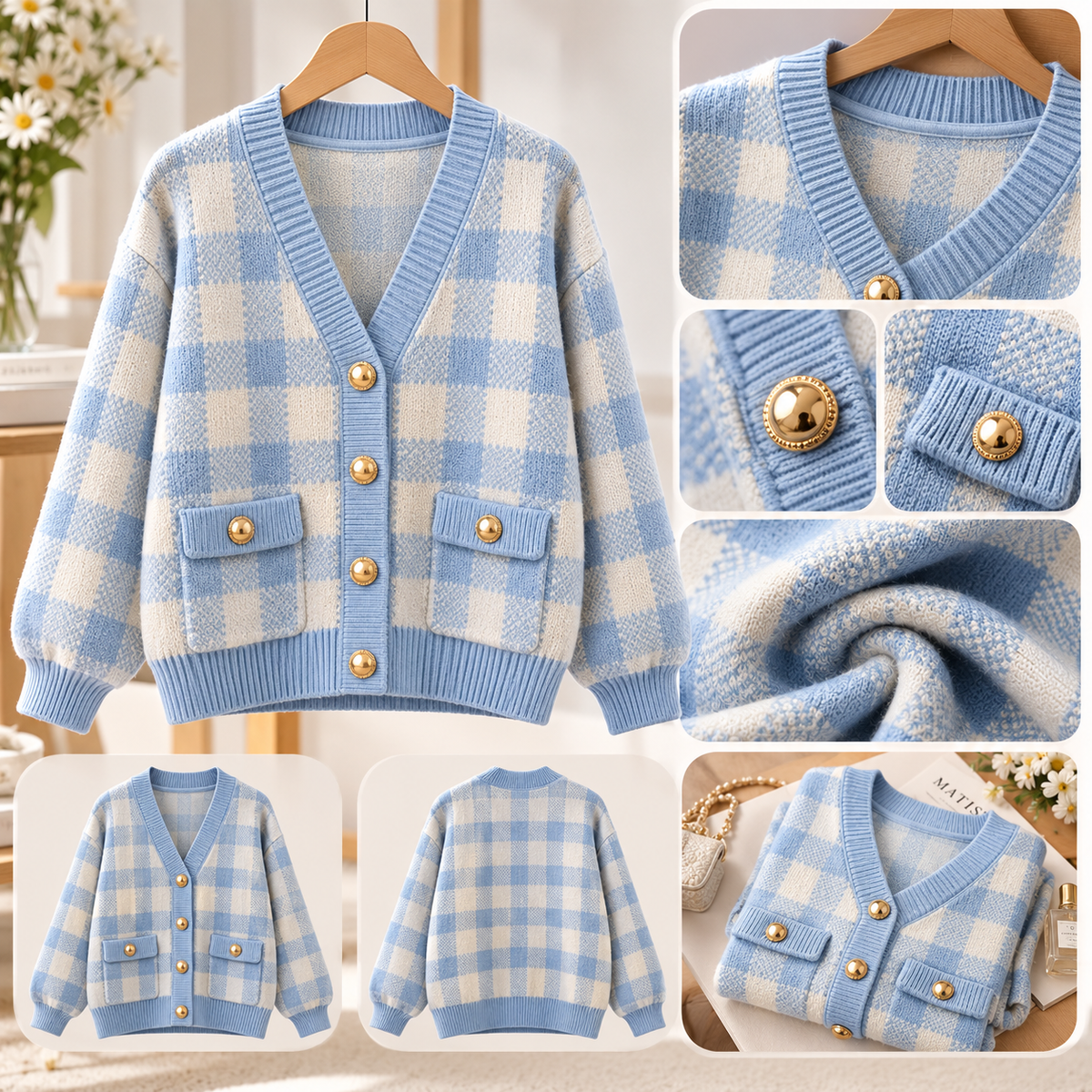 เสื้อคาร์ดิแกนลายสก็อตดีเทลกระดุมทรงโดมสีทอง - สีฟ้า