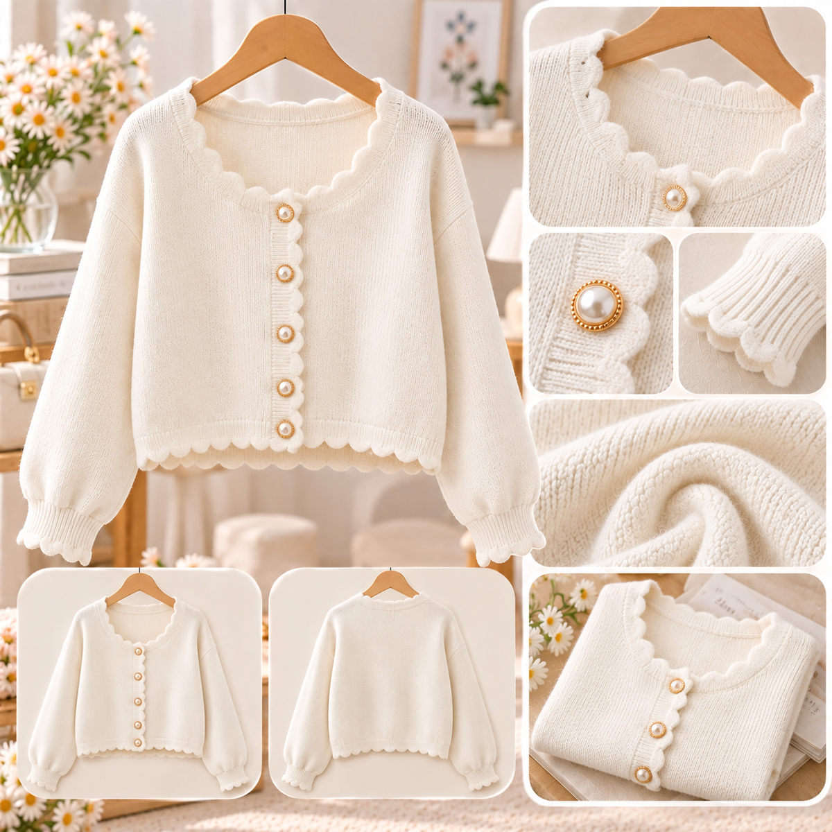 เสื้อแขนยาวทรงครอปติดกระดุมดีเทลขอบหยัก - สีขาวนวล